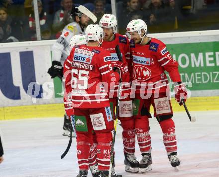 EBEL. Eishockey Bundesliga. KAC gegen	Dornbirn Bulldogs. Torjubel Bischofberger Johannes, Kernberger Michael, Hundertpfund Thomas, Ganahl Manuel (KAC). Klagenfurt, am 1.11.2019.
Foto: Kuess
www.qspictures.net

---
pressefotos, pressefotografie, kuess, qs, qspictures, sport, bild, bilder, bilddatenbank