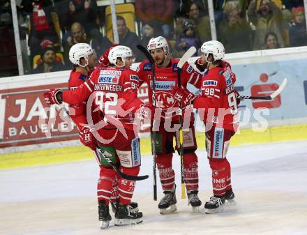 EBEL. Eishockey Bundesliga. KAC gegen	Dornbirn Bulldogs.  Torjubel Unterweger Clemens, Ganahl Manuel, Hundertpfund Thomas, Obersteiner Daniel, (KAC). Klagenfurt, am 1.11.2019.
Foto: Kuess
www.qspictures.net

---
pressefotos, pressefotografie, kuess, qs, qspictures, sport, bild, bilder, bilddatenbank