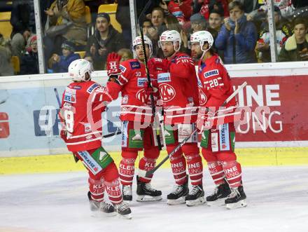 EBEL. Eishockey Bundesliga. KAC gegen	Dornbirn Bulldogs.  Torjubel Kozek Andrew Jacob, Neal Matthew, Schumnig Martin, Koch Thomas (KAC). Klagenfurt, am 1.11.2019.
Foto: Kuess
www.qspictures.net

---
pressefotos, pressefotografie, kuess, qs, qspictures, sport, bild, bilder, bilddatenbank