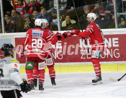 EBEL. Eishockey Bundesliga. KAC gegen	Dornbirn Bulldogs.  Torjubel Kozek Andrew Jacob, Neal Matthew, Schumnig Martin, (KAC). Klagenfurt, am 1.11.2019.
Foto: Kuess
www.qspictures.net

---
pressefotos, pressefotografie, kuess, qs, qspictures, sport, bild, bilder, bilddatenbank