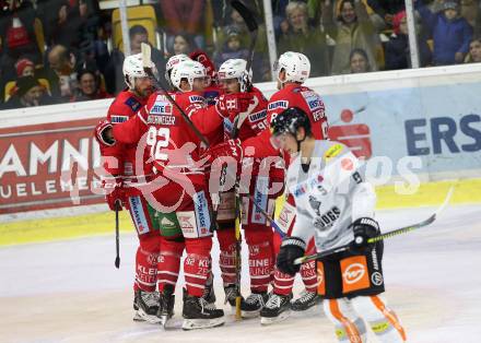 EBEL. Eishockey Bundesliga. KAC gegen	Dornbirn Bulldogs.  Torjubel Unterweger Clemens, Ganahl Manuel, Hundertpfund Thomas, Obersteiner Daniel, Petersen Nicholas Eric (KAC). Klagenfurt, am 1.11.2019.
Foto: Kuess
www.qspictures.net

---
pressefotos, pressefotografie, kuess, qs, qspictures, sport, bild, bilder, bilddatenbank