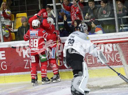 EBEL. Eishockey Bundesliga. KAC gegen	Dornbirn Bulldogs. Torjubel Obersteiner Daniel, Petersen Nicholas Eric, Kreuzer Philipp (KAC). Klagenfurt, am 1.11.2019.
Foto: Kuess
www.qspictures.net

---
pressefotos, pressefotografie, kuess, qs, qspictures, sport, bild, bilder, bilddatenbank