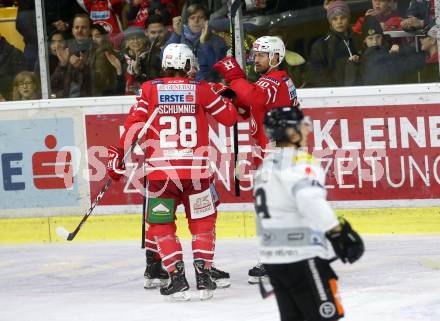 EBEL. Eishockey Bundesliga. KAC gegen	Dornbirn Bulldogs.  Torjubel Kozek Andrew Jacob, Neal Matthew, Schumnig Martin, (KAC). Klagenfurt, am 1.11.2019.
Foto: Kuess
www.qspictures.net

---
pressefotos, pressefotografie, kuess, qs, qspictures, sport, bild, bilder, bilddatenbank