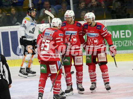 EBEL. Eishockey Bundesliga. KAC gegen	Dornbirn Bulldogs. Torjubel Bischofberger Johannes, Kernberger Michael, Hundertpfund Thomas, Ganahl Manuel (KAC). Klagenfurt, am 1.11.2019.
Foto: Kuess
www.qspictures.net

---
pressefotos, pressefotografie, kuess, qs, qspictures, sport, bild, bilder, bilddatenbank