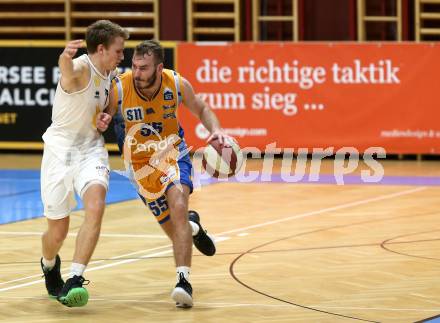 Basketball Zweite Liga 2019/2020. Grunddurchgang 8. Runde. Woerthersee Piraten gegen BBU Salzburg. Lukas Simoner,  (Piraten), Luka Mlovac (Salzburg). Klagenfurt, am 3.11.2019.
Foto: Kuess
www.qspictures.net

---
pressefotos, pressefotografie, kuess, qs, qspictures, sport, bild, bilder, bilddatenbank