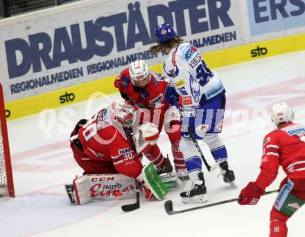EBEL. Eishockey Bundesliga. EC VSV gegen KAC. 	Karlsson Anton (VSV),  Koch Thomas, Haugen Lars (KAC). Villach, am 3.11.2019.
Foto: Kuess
www.qspictures.net
---
pressefotos, pressefotografie, kuess, qs, qspictures, sport, bild, bilder, bilddatenbank