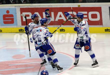EBEL. Eishockey Bundesliga. EC VSV gegen KAC. Torjubel Reid Brodie, Poeyhoenen Marko, Pollastrone Jerry  (VSV). Villach, am 3.11.2019.
Foto: Kuess
www.qspictures.net
---
pressefotos, pressefotografie, kuess, qs, qspictures, sport, bild, bilder, bilddatenbank