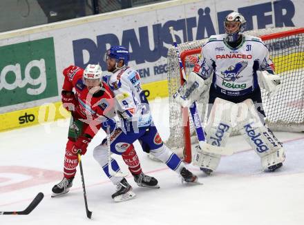 EBEL. Eishockey Bundesliga. EC VSV gegen KAC.  Schmidt Kevin, Maxwell Brandon (VSV), Liivik Siim (KAC). Villach, am 3.11.2019.
Foto: Kuess
www.qspictures.net
---
pressefotos, pressefotografie, kuess, qs, qspictures, sport, bild, bilder, bilddatenbank