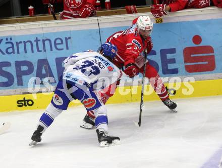 EBEL. Eishockey Bundesliga. EC VSV gegen KAC.  Ulmer Martin (VSV),  Fischer David Joseph (KAC). Villach, am 3.11.2019.
Foto: Kuess
www.qspictures.net
---
pressefotos, pressefotografie, kuess, qs, qspictures, sport, bild, bilder, bilddatenbank