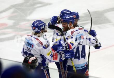 EBEL. Eishockey Bundesliga. EC VSV gegen KAC. torjubel Fraser Jamie, Pollastrone Jerry, Lahti Miika, Karlsson Anton  (VSV). Villach, am 3.11.2019.
Foto: Kuess
www.qspictures.net
---
pressefotos, pressefotografie, kuess, qs, qspictures, sport, bild, bilder, bilddatenbank