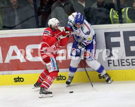 EBEL. Eishockey Bundesliga. EC VSV gegen KAC.  Korhonen Ville Juhani (VSV), Bischofberger Johannes (KAC). Villach, am 3.11.2019.
Foto: Kuess
www.qspictures.net
---
pressefotos, pressefotografie, kuess, qs, qspictures, sport, bild, bilder, bilddatenbank