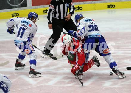EBEL. Eishockey Bundesliga. EC VSV gegen KAC.  Wappis Christof,  Lahti Miika (VSV), Hundertpfund Thomas (KAC). Villach, am 3.11.2019.
Foto: Kuess
www.qspictures.net
---
pressefotos, pressefotografie, kuess, qs, qspictures, sport, bild, bilder, bilddatenbank