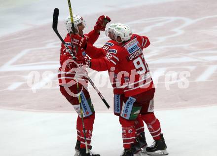 EBEL. Eishockey Bundesliga. EC VSV gegen KAC.   torjubel Unterweger Clemens, Kreuzer Philipp, Comrie Adam, (KAC). Villach, am 3.11.2019.
Foto: Kuess
www.qspictures.net
---
pressefotos, pressefotografie, kuess, qs, qspictures, sport, bild, bilder, bilddatenbank