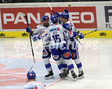 EBEL. Eishockey Bundesliga. EC VSV gegen KAC. Torjubel Reid Brodie, Poeyhoenen Marko, Pollastrone Jerry  (VSV). Villach, am 3.11.2019.
Foto: Kuess
www.qspictures.net
---
pressefotos, pressefotografie, kuess, qs, qspictures, sport, bild, bilder, bilddatenbank
