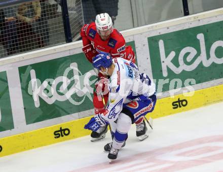 EBEL. Eishockey Bundesliga. EC VSV gegen KAC. Poeyhoenen Marko  (VSV),  Hundertpfund Thomas (KAC). Villach, am 3.11.2019.
Foto: Kuess
www.qspictures.net
---
pressefotos, pressefotografie, kuess, qs, qspictures, sport, bild, bilder, bilddatenbank