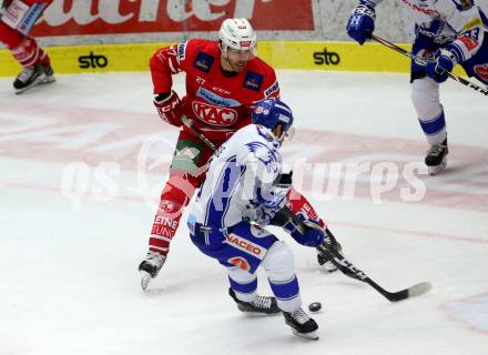 EBEL. Eishockey Bundesliga. EC VSV gegen KAC.  Pollastrone Jerry (VSV),  Hundertpfund Thomas (KAC). Villach, am 3.11.2019.
Foto: Kuess
www.qspictures.net
---
pressefotos, pressefotografie, kuess, qs, qspictures, sport, bild, bilder, bilddatenbank
