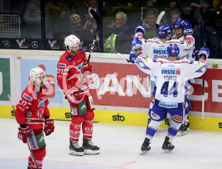EBEL. Eishockey Bundesliga. EC VSV gegen KAC. Torjubel Pollastrone Jerry, Karlsson Anton, Poeyhoenen Marko, Fraser Jamie  (VSV). Villach, am 3.11.2019.
Foto: Kuess
www.qspictures.net
---
pressefotos, pressefotografie, kuess, qs, qspictures, sport, bild, bilder, bilddatenbank