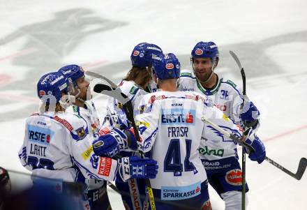 EBEL. Eishockey Bundesliga. EC VSV gegen KAC. torjubel Fraser Jamie, Pollastrone Jerry, Lahti Miika, Karlsson Anton  (VSV). Villach, am 3.11.2019.
Foto: Kuess
www.qspictures.net
---
pressefotos, pressefotografie, kuess, qs, qspictures, sport, bild, bilder, bilddatenbank