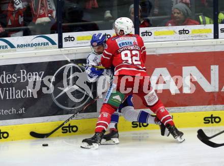 EBEL. Eishockey Bundesliga. EC VSV gegen KAC.  Wappis Christof (VSV),  Unterweger Clemens (KAC). Villach, am 3.11.2019.
Foto: Kuess
www.qspictures.net
---
pressefotos, pressefotografie, kuess, qs, qspictures, sport, bild, bilder, bilddatenbank