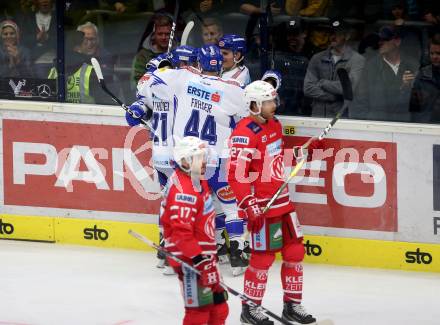 EBEL. Eishockey Bundesliga. EC VSV gegen KAC. Torjubel Pollastrone Jerry, Karlsson Anton, Poeyhoenen Marko, Fraser Jamie  (VSV). Villach, am 3.11.2019.
Foto: Kuess
www.qspictures.net
---
pressefotos, pressefotografie, kuess, qs, qspictures, sport, bild, bilder, bilddatenbank