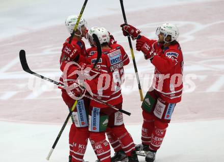 EBEL. Eishockey Bundesliga. EC VSV gegen KAC.   torjubel Unterweger Clemens, Kreuzer Philipp, Comrie Adam,	Obersteiner Daniel (KAC). Villach, am 3.11.2019.
Foto: Kuess
www.qspictures.net
---
pressefotos, pressefotografie, kuess, qs, qspictures, sport, bild, bilder, bilddatenbank