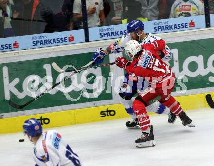 EBEL. Eishockey Bundesliga. EC VSV gegen KAC.  Fraser Jamie (VSV),  Ganahl Manuel (KAC). Villach, am 3.11.2019.
Foto: Kuess
www.qspictures.net
---
pressefotos, pressefotografie, kuess, qs, qspictures, sport, bild, bilder, bilddatenbank