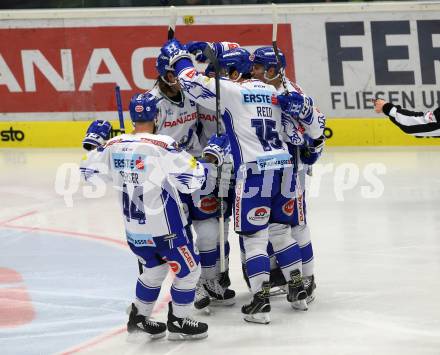 EBEL. Eishockey Bundesliga. EC VSV gegen KAC. Torjubel Reid Brodie, Poeyhoenen Marko, Pollastrone Jerry, Karlsson Anton, Fraser Jamie (VSV). Villach, am 3.11.2019.
Foto: Kuess
www.qspictures.net
---
pressefotos, pressefotografie, kuess, qs, qspictures, sport, bild, bilder, bilddatenbank