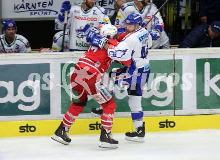 EBEL. Eishockey Bundesliga. EC VSV gegen KAC.  Fraser Jamie (VSV),  Ganahl Manuel (KAC). Villach, am 3.11.2019.
Foto: Kuess
www.qspictures.net
---
pressefotos, pressefotografie, kuess, qs, qspictures, sport, bild, bilder, bilddatenbank