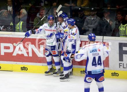 EBEL. Eishockey Bundesliga. EC VSV gegen KAC. Torjubel Pollastrone Jerry, Karlsson Anton, Poeyhoenen Marko, Fraser Jamie  (VSV). Villach, am 3.11.2019.
Foto: Kuess
www.qspictures.net
---
pressefotos, pressefotografie, kuess, qs, qspictures, sport, bild, bilder, bilddatenbank