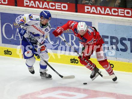 EBEL. Eishockey Bundesliga. EC VSV gegen KAC. Korhonen Ville Juhani  (VSV), Bischofberger Johannes (KAC). Villach, am 3.11.2019.
Foto: Kuess
www.qspictures.net
---
pressefotos, pressefotografie, kuess, qs, qspictures, sport, bild, bilder, bilddatenbank