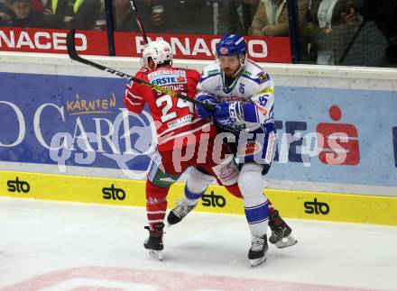 EBEL. Eishockey Bundesliga. EC VSV gegen KAC. Reid Brodie  (VSV), Strong Steven (KAC). Villach, am 3.11.2019.
Foto: Kuess
www.qspictures.net
---
pressefotos, pressefotografie, kuess, qs, qspictures, sport, bild, bilder, bilddatenbank