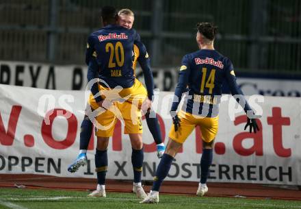 Fussball Bundesliga. RZ Pellets WAC gegen FC Red Bull Salzburg. Torjubel Erling Braut Haland, Patson Daka, Dominik Szoboszlai  (Salzburg). Wolfsberg, am 10.11.2019.
Foto: Kuess
www.qspictures.net

---
pressefotos, pressefotografie, kuess, qs, qspictures, sport, bild, bilder, bilddatenbank