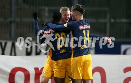 Fussball Bundesliga. RZ Pellets WAC gegen FC Red Bull Salzburg. Torjubel Erling Braut Haland, Patson Daka, Dominik Szoboszlai  (Salzburg). Wolfsberg, am 10.11.2019.
Foto: Kuess
www.qspictures.net

---
pressefotos, pressefotografie, kuess, qs, qspictures, sport, bild, bilder, bilddatenbank