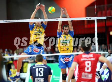 Volleyball. CEV Champions League Volley 2020 Men. SK Zadruga Aich/Dob gegen HAOK Mladost Zageb.  Michal Hruska, Ivan Kolev (Aich/Dob). Klagenfurt, am 13.11.2019.
Foto: Kuess
www.qspictures.net
Foto: Kuess
---
pressefotos, pressefotografie, kuess, qs, qspictures, sport, bild, bilder, bilddatenbank