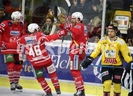 EBEL. Eishockey Bundesliga. KAC gegen	Vienna Capitals. Torjubel Manuel Ganahl, Johannes Bischofberger, Thomas Hundertpfund,  (KAC). Klagenfurt, am 15.11.2019.
Foto: Kuess
www.qspictures.net

---
pressefotos, pressefotografie, kuess, qs, qspictures, sport, bild, bilder, bilddatenbank