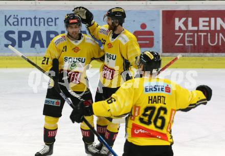 EBEL. Eishockey Bundesliga. KAC gegen	Vienna Capitals. Torjubel Riley Holzapfel, Mark Flood, Nikolaus Hartl (Vienna Capitals). Klagenfurt, am 15.11.2019.
Foto: Kuess
www.qspictures.net

---
pressefotos, pressefotografie, kuess, qs, qspictures, sport, bild, bilder, bilddatenbank