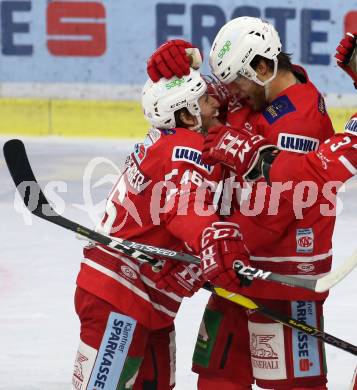 EBEL. Eishockey Bundesliga. KAC gegen	Vienna Capitals. Torjubel Johannes Bischofberger, Thomas Hundertpfund (KAC). Klagenfurt, am 15.11.2019.
Foto: Kuess
www.qspictures.net

---
pressefotos, pressefotografie, kuess, qs, qspictures, sport, bild, bilder, bilddatenbank
