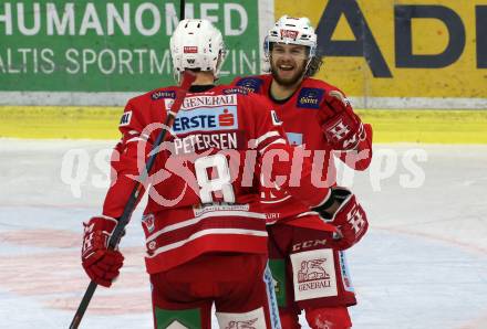 EBEL. Eishockey Bundesliga. KAC gegen	Vienna Capitals. Torjubel Nicholas Eric Petersen, Daniel Obersteiner (KAC). Klagenfurt, am 15.11.2019.
Foto: Kuess
www.qspictures.net

---
pressefotos, pressefotografie, kuess, qs, qspictures, sport, bild, bilder, bilddatenbank