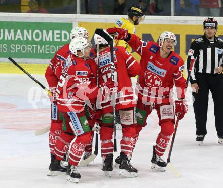 EBEL. Eishockey Bundesliga. KAC gegen	Vienna Capitals. Torjubel Clemens Unterweger, Lukas Haudum, Nicholas Eric Petersen, Daniel Obersteiner, Manuel Ganahl (KAC). Klagenfurt, am 15.11.2019.
Foto: Kuess
www.qspictures.net

---
pressefotos, pressefotografie, kuess, qs, qspictures, sport, bild, bilder, bilddatenbank