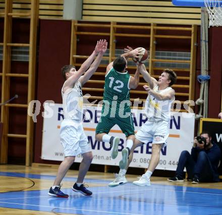 Basketball Zweite Liga 2019/2020. Grunddurchgang 8. Runde. Woerthersee Piraten gegen KOS Celovec. Tevz Ruzic, Lukas Simoner (Piraten), Tiso Cvetkovic (KOS Celovec). Klagenfurt, am 16.11.2019.
Foto: Kuess
www.qspictures.net

---
pressefotos, pressefotografie, kuess, qs, qspictures, sport, bild, bilder, bilddatenbank