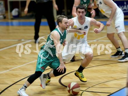 Basketball Zweite Liga 2019/2020. Grunddurchgang 8. Runde. Woerthersee Piraten gegen KOS Celovec.  Andreas Nuck (Piraten), Tim Huber (KOS Celovec). Klagenfurt, am 16.11.2019.
Foto: Kuess
www.qspictures.net

---
pressefotos, pressefotografie, kuess, qs, qspictures, sport, bild, bilder, bilddatenbank