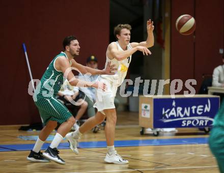 Basketball Zweite Liga 2019/2020. Grunddurchgang 8. Runde. Woerthersee Piraten gegen KOS Celovec. Lukas Simoner (Piraten), Tiso Cvetkovic (KOS Celovec). Klagenfurt, am 16.11.2019.
Foto: Kuess
www.qspictures.net

---
pressefotos, pressefotografie, kuess, qs, qspictures, sport, bild, bilder, bilddatenbank