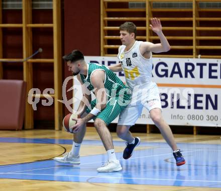Basketball Zweite Liga 2019/2020. Grunddurchgang 8. Runde. Woerthersee Piraten gegen KOS Celovec. Tevz Ruzic (Piraten), Marin Sliskovic (KOS Celovec). Klagenfurt, am 16.11.2019.
Foto: Kuess
www.qspictures.net

---
pressefotos, pressefotografie, kuess, qs, qspictures, sport, bild, bilder, bilddatenbank