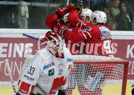 EBEL. Eishockey Bundesliga. KAC gegen HC TWK Innsbruck.  Torjubel Thomas Koch, Matthew Neal, Andrew Jacob Kozek, Clemens Unterweger (KAC). Klagenfurt, am 17.11.2019.
Foto: Kuess
www.qspictures.net

---
pressefotos, pressefotografie, kuess, qs, qspictures, sport, bild, bilder, bilddatenbank