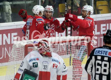 EBEL. Eishockey Bundesliga. KAC gegen HC TWK Innsbruck. Torjubel Thomas Koch, Matthew Neal, Andrew Jacob Kozek (KAC). Klagenfurt, am 17.11.2019.
Foto: Kuess
www.qspictures.net

---
pressefotos, pressefotografie, kuess, qs, qspictures, sport, bild, bilder, bilddatenbank