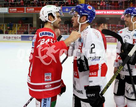 EBEL. Eishockey Bundesliga. KAC gegen HC TWK Innsbruck.  Steven Strong,  (KAC), Thomas Vallant (HC Innsbruck). Klagenfurt, am 17.11.2019.
Foto: Kuess
www.qspictures.net

---
pressefotos, pressefotografie, kuess, qs, qspictures, sport, bild, bilder, bilddatenbank