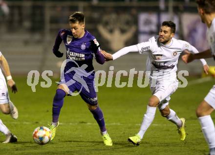Fussball 2. Liga. SK Austria Klagenfurt gegen Young Violets Austria Wien. Polydoros Gkezos,  (Austria Klagenfurt), Dominik Prokop (Young Violets Austria Wien). Klagenfurt, am 22.11.2019.
Foto: Kuess
www.qspictures.net
---
pressefotos, pressefotografie, kuess, qs, qspictures, sport, bild, bilder, bilddatenbank