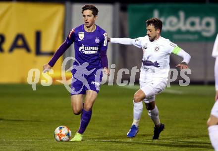Fussball 2. Liga. SK Austria Klagenfurt gegen Young Violets Austria Wien. Philipp Huetter, (Austria Klagenfurt),  Johannes Handl  (Young Violets Austria Wien). Klagenfurt, am 22.11.2019.
Foto: Kuess
www.qspictures.net
---
pressefotos, pressefotografie, kuess, qs, qspictures, sport, bild, bilder, bilddatenbank