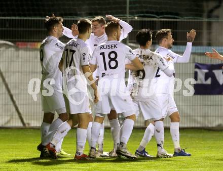 Fussball 2. Liga. SK Austria Klagenfurt gegen Young Violets Austria Wien. Torjubel Darijo Pecirep, Philipp Huetter, Petar Zubak, Maximiliano Moreira Romero, Okan Aydin, Markus Rusek, Ivan Saravanja (Austria Klagenfurt). Klagenfurt, am 22.11.2019.
Foto: Kuess
www.qspictures.net
---
pressefotos, pressefotografie, kuess, qs, qspictures, sport, bild, bilder, bilddatenbank