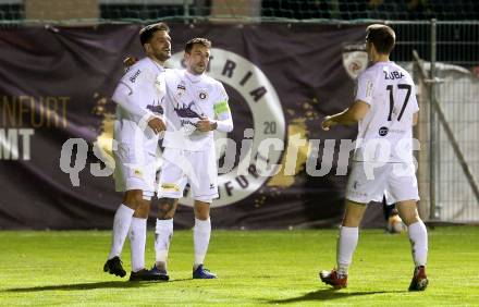 Fussball 2. Liga. SK Austria Klagenfurt gegen Young Violets Austria Wien. Torjubel Darijo Pecirep, Philipp Huetter, Petar Zubak (Austria Klagenfurt). Klagenfurt, am 22.11.2019.
Foto: Kuess
www.qspictures.net
---
pressefotos, pressefotografie, kuess, qs, qspictures, sport, bild, bilder, bilddatenbank